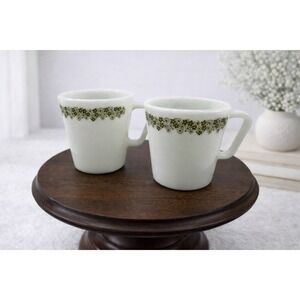 2 Vintage Pyrex Spring Blossom Green (Crazy Daisy) Milk Glass Coffee Mugs